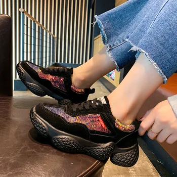 Blizgučiai Batai Moterims Platforma Sportbačiai China Mados Prekės ženklo Ponios Stambusis footware Bling Moterų Instruktorių Storio Apačioje Kvėpuojantis