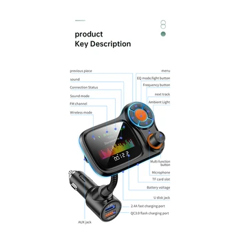 Bluetooth 5.0 Automobilinis FM Handfree Siųstuvas, MP3 Grotuvas, 3.5 AUX Garso Imtuvas QC3.0 Greito Įkrovimo su LED apšvietimo