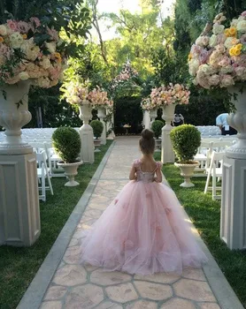 Blush Pink Gėlių Mergaičių Suknelės Spagečiai Dirželiai Pricess Kamuolys Suknelė 3D Gėlių Tiulio Inscenizacija Vestuvės Dress Vaikams