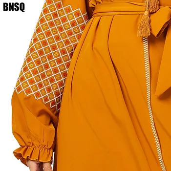 BNSQ Plius Dydis Moterų Maxi Suknelė Prarasti Išsiuvinėti Nėriniai Pusėje Ritininės Žibintų ilgomis Rankovėmis Mados Musulmonų Oranžinė Suknelė Abaja Skraiste