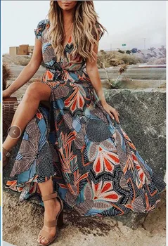 Bohemijos moterų sexy v kaklo trumpomis rankovėmis atspausdintas ritininės nesimetriškas maxi suknelė Vasaros moterų paplūdimio suknelė 2020 m.