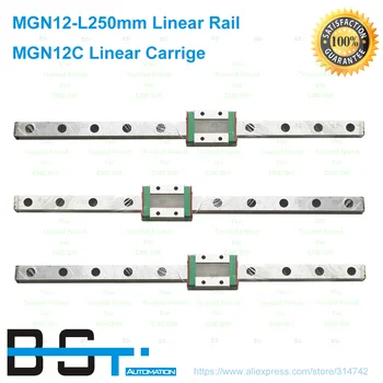 BSTMOTION Nemokamas pristatymas 3pcs 12mm Linijinis Vadovas MGN12 L= 250mm linijinis geležinkelių būdas +3pcs MGN12CLinear vežimas, CNC X Y Z Ašis