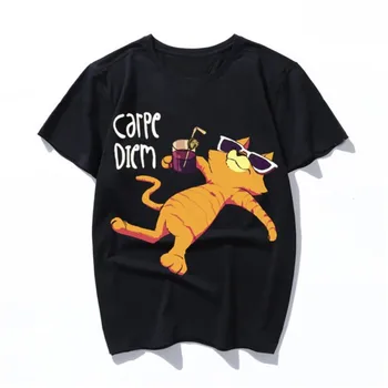 Carpe diem katė stiliaus 3XL 2019 m. Pavasario Vasaros Medvilnės Apvalios Apykaklės Marškinėliai Vyrams, Moterims trumpomis Rankovėmis T-Shirt Slim Tinka Atsitiktinis Tshirts
