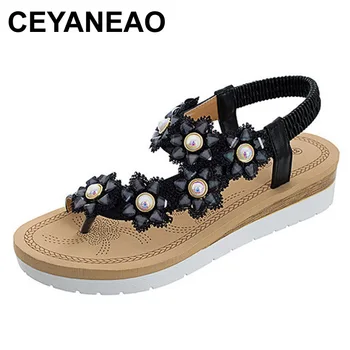 CEYANEAOWomen sandalai 2020 naujas vasaros batai butas pearl patogūs sandalai pearl grandinės paplūdimio šlepetės atsitiktinis basutės 36-41