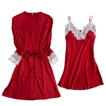Chalatas dviejų dalių moterų namuose dėvėti laisvus korėjos pavasarį ir rudenį sexy nėrinių diržas sijonas pižamą Viliojanti vyno raudona платье