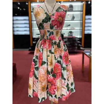 Cosmicchic Moterų Suknelės, 2021 M. Pavasario/Vasaros Camellia Spausdinti Berankovis Suknelė Medvilnės Aukšto Juosmens V-kaklo, Didelis Swing MIDI Suknelė