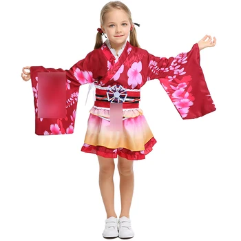 Cosplay Tradicinis Japonų Kimono Suknelė Moterims Suknelė, Diržas Suaugusių Vaikų Helovinas Drabužiai Tėvų-vaikų Apranga Raudona Mėlyna