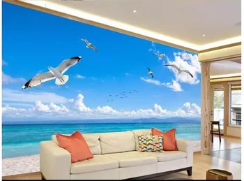 Custom foto tapetai, sienų ir 3 d Viduržemio jūros regiono šalių Šiuolaikinių jūros kraštovaizdžio mėlynas dangus, balti debesys žuvėdra fono sienos dekoratyvinis