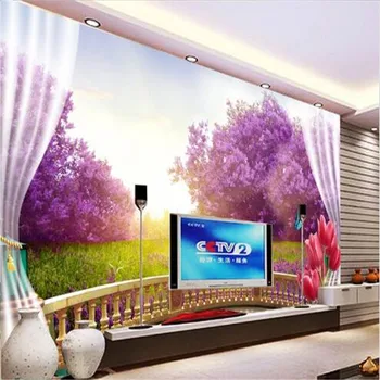 Custom Freskos 3D Violetinės Levandos Tapetai Sienos 3D Balkonas Grožio Kraštovaizdį, Sienų danga Kambarį Namų Dekoro TV Wall