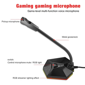 Darbalaukio Capacitive Mikrofonas, USB Triukšmą Kompiuterio Mikrofonas su RGB Šviesos Efektas Žaidimų Live Transliacijos