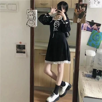 Dark black girl dress Japonijos juoda nėrinių krašto tvarstis sexy black Lolita sijonas korėjos studentų stiliaus juosmens pavasario, rudens dress