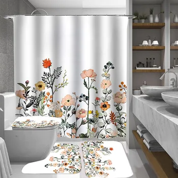 Derliaus Akvarelė Vonios Kambarys Audinio Dušo Užuolaidos Įvairiaspalvis Gėlės Baltame Fone Pavasario Dušo Užuolaidos