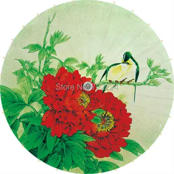 Dia 84cm Kinijos amatų skėtis raudonasis bijūnas, žali lapai su paukščių klasikinių šokių rankų darbo dekoratyvinis rinkti oilpaper skėtis