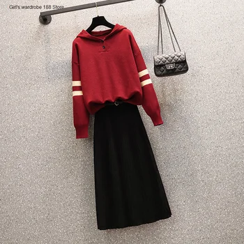 Didelio dydžio moteriški drabužiai rudens-žiemos drabužių 2020 naujas moterų sesuo Vakarų stiliaus senėjimo gobtuvu megztinis dviejų dalių