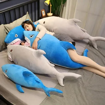 Didelis dantų ryklys įdaryti lėlės didelės pagalvės pliušinis žaislas, lėlė mielas lovoje miega lėlės vyrai moterys ilgai pagalvė