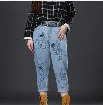 Didmeninė tinka 90kg plius dydis džinsai moterų mados prekės ženklo animacinių filmų modelis atspausdinti medvilnės buvo plonas džinsai, kelnės wq1773 fabrikas