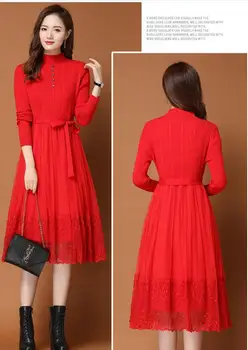 Diržas Mezgimas nėriniai moteris mezgimo suknelė, 5 spalvų office lady temperamentas Kelio ilgio suknelė nėrinių Megztinis Pavasarį, Rudenį raudona suknelė