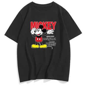 Disney Elegantiškos Mados Mickey Mouse Laišką Animacinių Filmų Spausdinimo O-Neck Tee Porų Vienodų Moterų Marškinėliai Medvilnės Trumpomis Rankovėmis Viršūnes 10 Spalvų