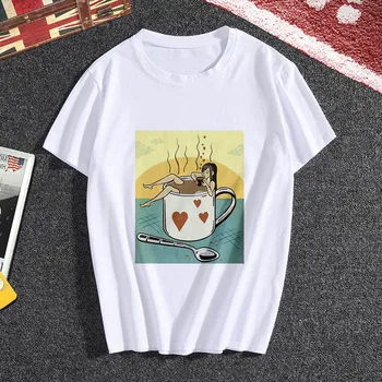 Drabužius Moteris marškinėliai Naujas Vasaros Asmenybės Kavos Mergina T-shirt Harajuku Gražus Plonas Skirsnio Balta Moterų marškinėliai