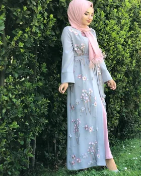 Dubajus Arabų Moterų Suknelė Gėlių Nėrinių Siuvinėjimo Abaja Cardigan Musulmonų Suknelė Kaftan Ilgas Chalatas, Islamo Ramadanas Malda Drabužiai