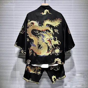 Dviejų dalių komplektas Imperatorius Hanfu trumpas rankovėmis vyriškos aprangos stiliaus kinijos Drakonas Skraiste Nustatyti mens drabužius trumpas Elastinga Juosmens sweatpants