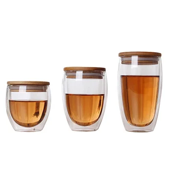 Dvigubo stiklo puodelis kavos Puodeliai, Arbatos Puodelis skaidraus karščiui atsparaus stiklo puodeliai su bambuko izoliacija puodelio dangtelis kūrybos didmeninės