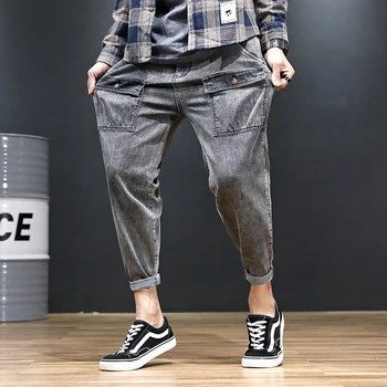Džinsinio audinio Vyrai Laisvi Multi-kišenės, tiesios kelnės Atsitiktinis Streetwear Rudens Mados Kelnės Vyrų Soild Didelis Kišenėje Kulkšnies Ilgio Džinsai