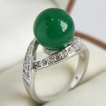 Elegantiška ponia sidabrą, padengtą kristalų dekoruoti &12mm green jade žiedas(#7 8 9 10)