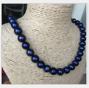 Elegantiškas AAA 10-11mm tahitian juoda mėlyna apvalių perlų vėrinį 18inch 14k/20