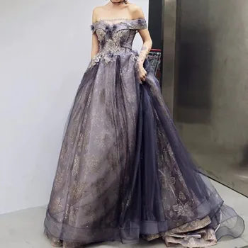 Elegantiškas Blizgančiais Nėrinių Vakare Šalis Suknelės nuo Peties Linijos, Appliqued Prom Chalatai Oficialų Suknelė Individualų Proga Suknelė