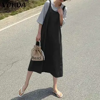 Elegantiškas Džinsinis Kombinezonas Suknelė 2021 VONDA Moterų Berankovis Japonų Stiliaus Ilgos Suknelės, Atsitiktinis, Kietas Sundress Plus Size Vestidos