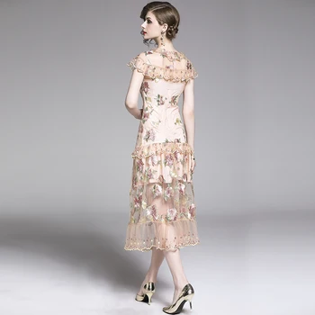 Elegantiškas Gėlių Siuvinėjimas Viršutinio Akies Suknelė 2020 M. Vasarą Moterys ir tūpimo Tako Trumpas Rankovės O-Kaklo Nėriniai-up Raukiniai Slim Šalis Suknelė