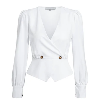 Elegantiškas, Kietas Moterų Palaidinė Marškinėliai Vintage Retro Peplum Baltos V Kaklo Moteriškos Palaidinės Sluoksniuotos Atsitiktinis Blusa Mujer