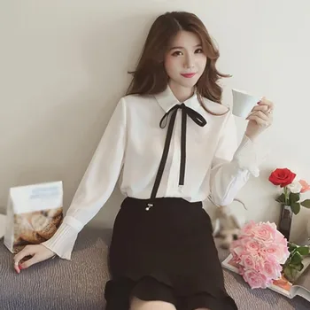 Elegantiškas Moteris Peteliškę Palaidinės Moterų Mados Blyksnius Ilgomis Rankovėmis Palaidinė Office Ponios Vientisos Spalvos Korėjos Atsitiktinis Marškinėliai Blusas W1