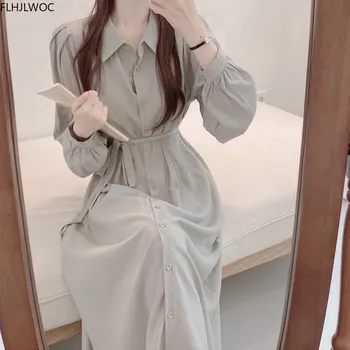 Elegantiškos Marškinėliai Suknelė Korėjos Japonija Stiliaus Dizainas Ilgomis Rankovėmis Viena Breasted Mygtuką Mielas Kieta Moteris Fenimine Elegantiškas Ilgas Sukneles