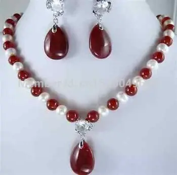 ER84 Karšto pardavimo Balta Perlų Ir Raudonųjų akmenų Karoliai, Auskarai Rinkinys