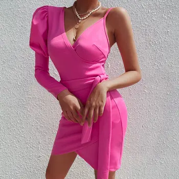 Ezgaga Mini Suknelė Moterims, Vienas Rankovėmis V-Kaklo Low-cut Pink Šalis Suknelė Nėriniai-up Backless Seksualus Bodycon Prom Elegantiškas Vestido Feminino