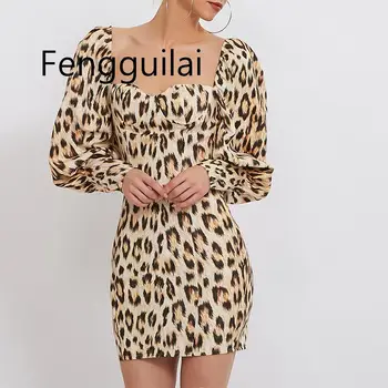 FENGGUILAI Leopardas Spausdinti Sluoksniuotos Rankovėmis Seksualus Šalis Suknelė Moterims Rudens Žiemos Bodycon Trumpą Suknelę Backless Satino, Šilko Ponios Suknelės