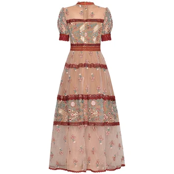 Gedivoen Vasaros Lankas Apykaklės Šalis Suknelė Moterų Tinklinio Gėlių Siuvinėjimas Linijos Suknelė Dizaineris Vintage 
