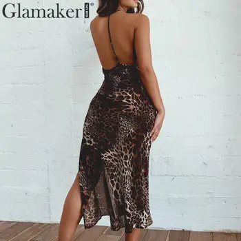 Glamaker Apynasrio leopard aukštos padalinta elegantiškas šalis suknelė Moterims nėrinių backless vasaros suknelė Moterų šventė balck seksuali suknelė nauja