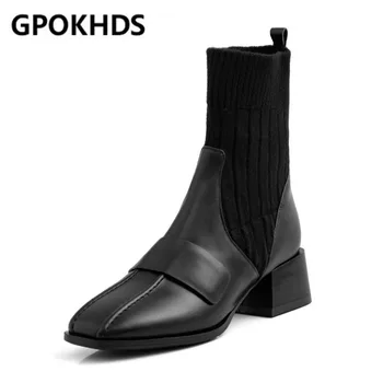 GPOKHDS 2021 moterų batai Karvės odos žiemos trumpas pliušinis Aikštėje Kojų megzti Med kulniukai moterų batai dydis 43