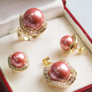 Gražių Moterų Vestuvių Papuošalai laivybos nustatyti 0053 shell perlų pakabukas(kaip 14mm), earing(10mm), , žiedas(kaip 14mm) nustatyti