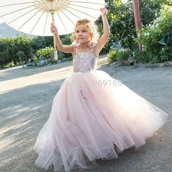 Gražus rožinis gėlių mergaičių suknelės vestuvėms 2020 Spageti pirmos komunijos suknelės mergaitėms Inscenizacija suknelės Valymo Traukinio