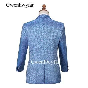 Gwenhwyfar Kostiumas Homme Blue&Pink Gėlių Verslo Vyrų Kostiumai 3 Gabalus Slim Fit Vestuvių Tuxedos Groomsmen Oficialaus Kostiumas Šalis