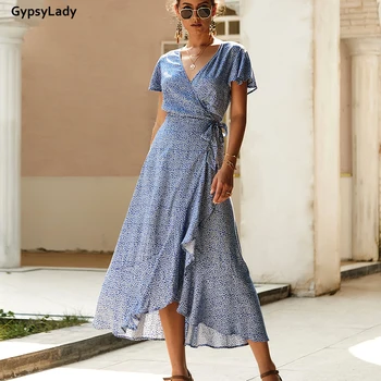GypsyLady Derliaus Gėlių Wrap Maxi Suknelė Vasaros Atsitiktinis Chic Moterų Suknelė Raukiniai Trumpas Rankovės Boho Atostogų Ponios Moterų Suknelės