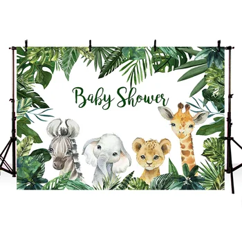Gyvūnų Jungle Baby Shower Fotografijos Foną, Photocall Naujagimiai, Portreto Fonas, Žali Lapai, Dramblys, Žirafa, Zebras, Leopardas
