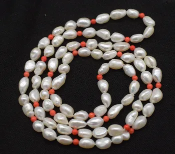 Gėlavandenių perlų balta bearouqe 8-10mm, ir oranžinė, koralų turas 4mm karoliai pobūdžio 40