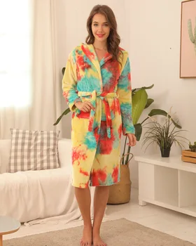 HAOOHU pižama moterų žiemos naujų namų drabužių mados atsitiktinis tie dažai ilgomis rankovėmis su gobtuvu slim, plius aksomo storio sleepwear suknelė