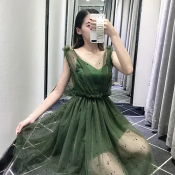 Heydress 2020 metų vasaros seksualus žalia seksualus šalis dress lady elegantiška berankovė spageti nėrinių suknelė moterų V-kaklo Atostogų Vestido