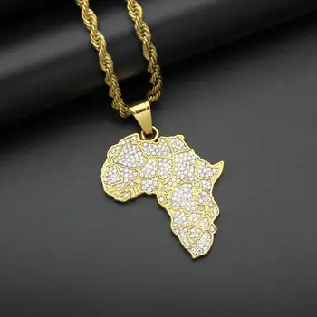 Hip-Hop Cirkonio Asfaltuotas Bling Lediniame Iš Aukso Spalvos Afrikos Žemėlapį, Pakabučiai, Karoliai Vyrams Reperis Papuošalai su 24inch lyno, grandinės